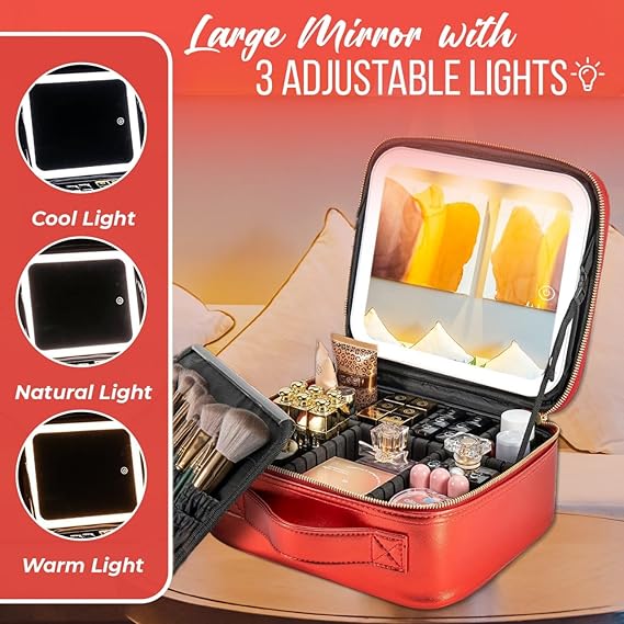 Travel Makeup Bag with Light Up Mirror, Cosmetic Organizer Bag