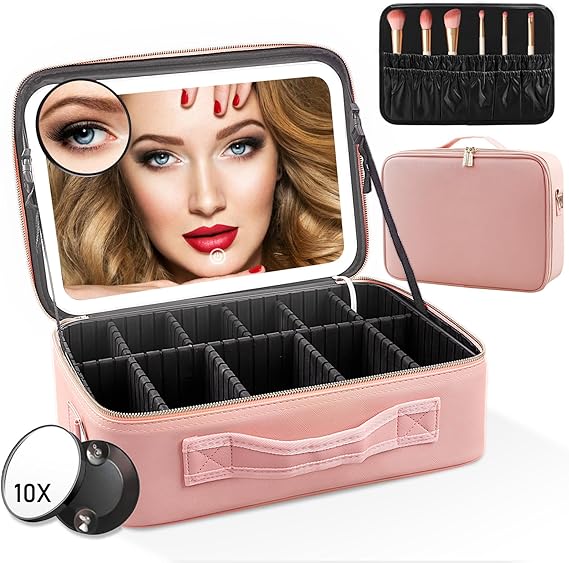 Travel Makeup Bag with Light Up Mirror, Cosmetic Organizer Bag